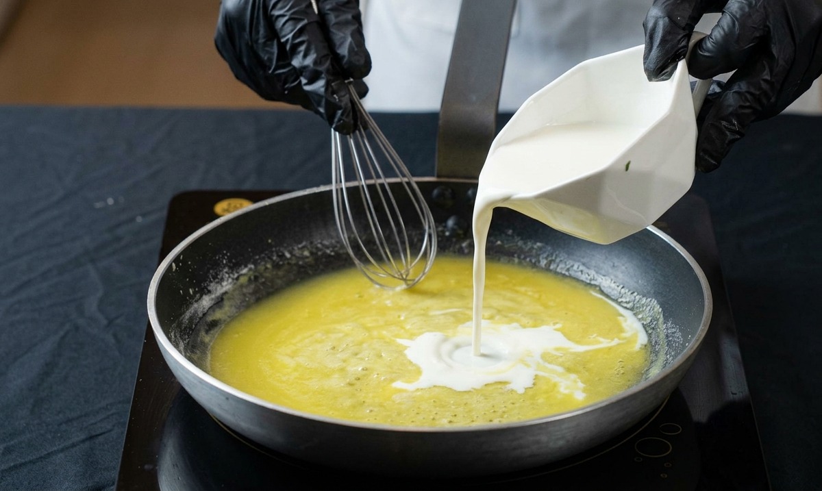 Milch wird aus einem Krug in die Pfanne zur Mehlschwitze gegossen, während mit einem Schneebesen gerührt wird.