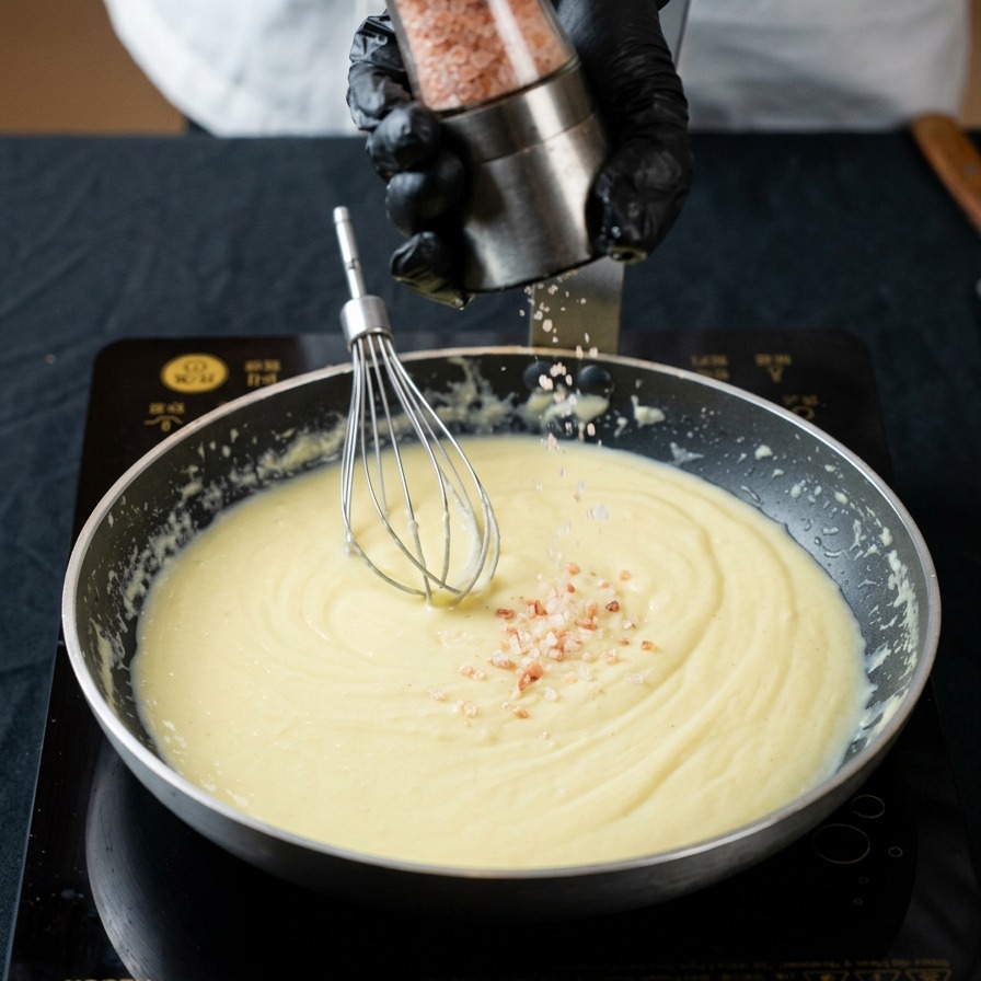 Meersalz wird mit einer Mühle in die köchelnde Rahmsauce in der Pfanne gemahlen.