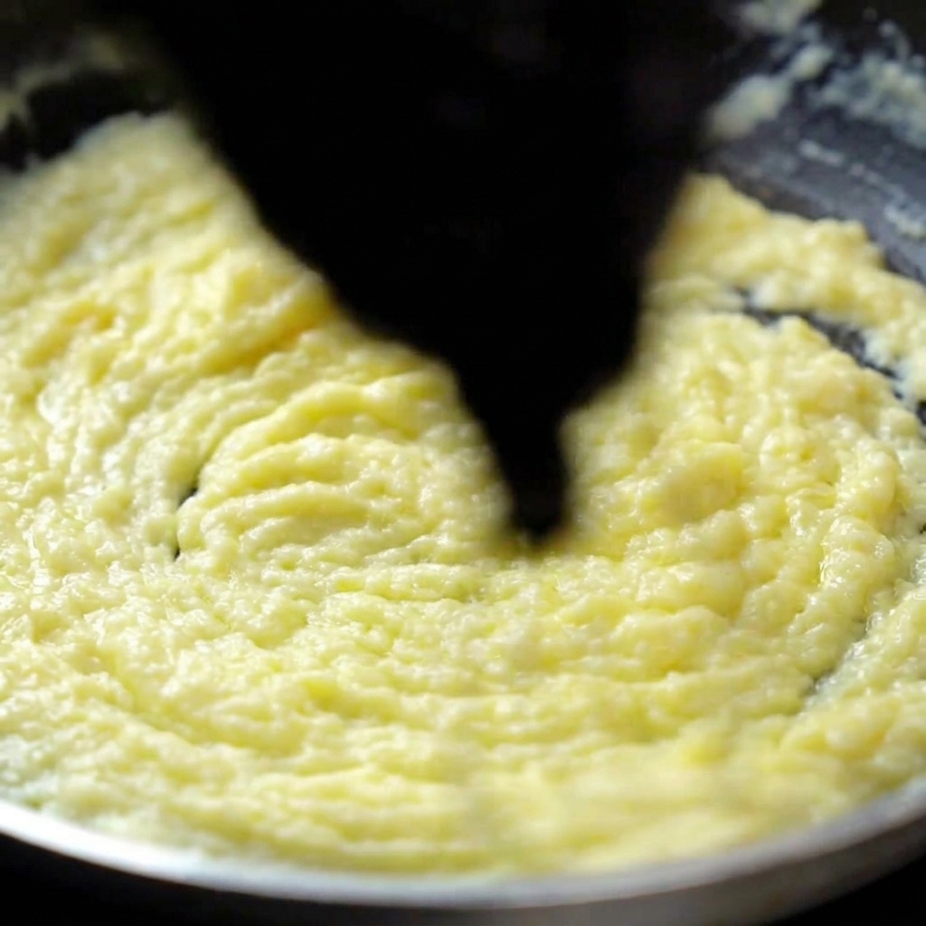 Eine dicke, cremige weiße Sauce wird mit einem schwarzen Pfannenwender in der Pfanne gerührt.