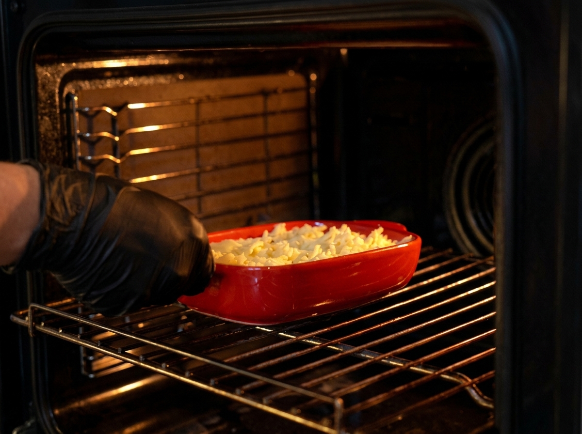 Hände schieben die mit Käse bestreute Auflaufform in den vorgeheizten Ofen.