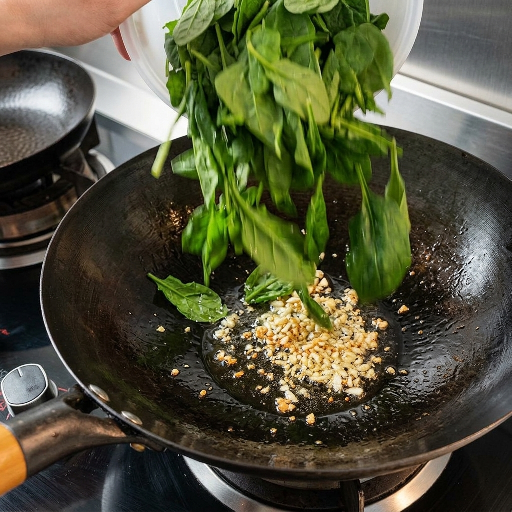 Frisch gehackter Spinat fällt in einen heißen Wok mit brutzelndem Knoblauch und Öl.