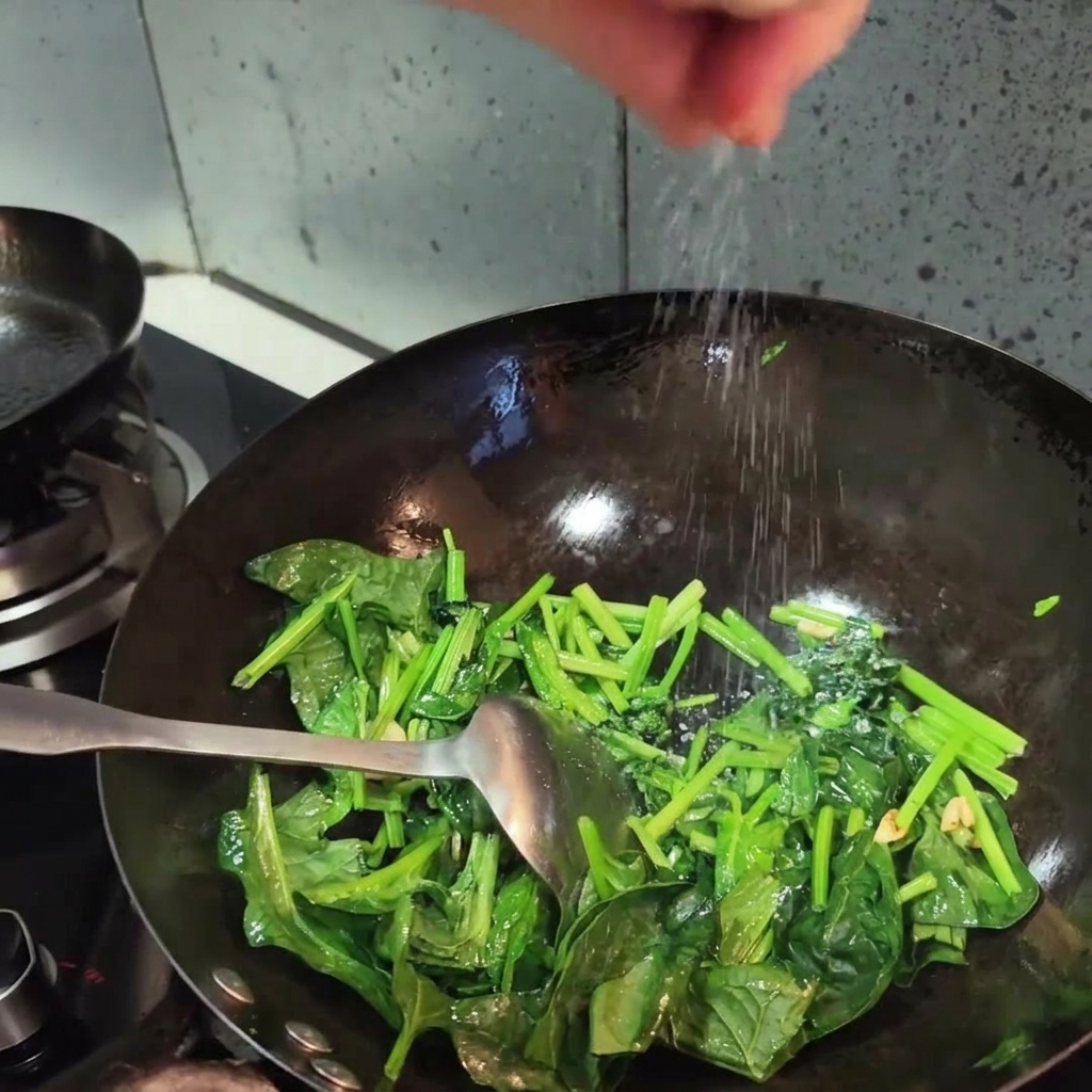 Eine Hand, die von oben Salz in einen Wok mit leuchtend grünem Spinat streut.