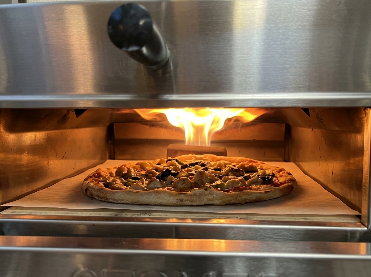 Die Spinat-Käse-Pizza backt in einem heißen Pizzaofen bei sichtbaren Flammen.