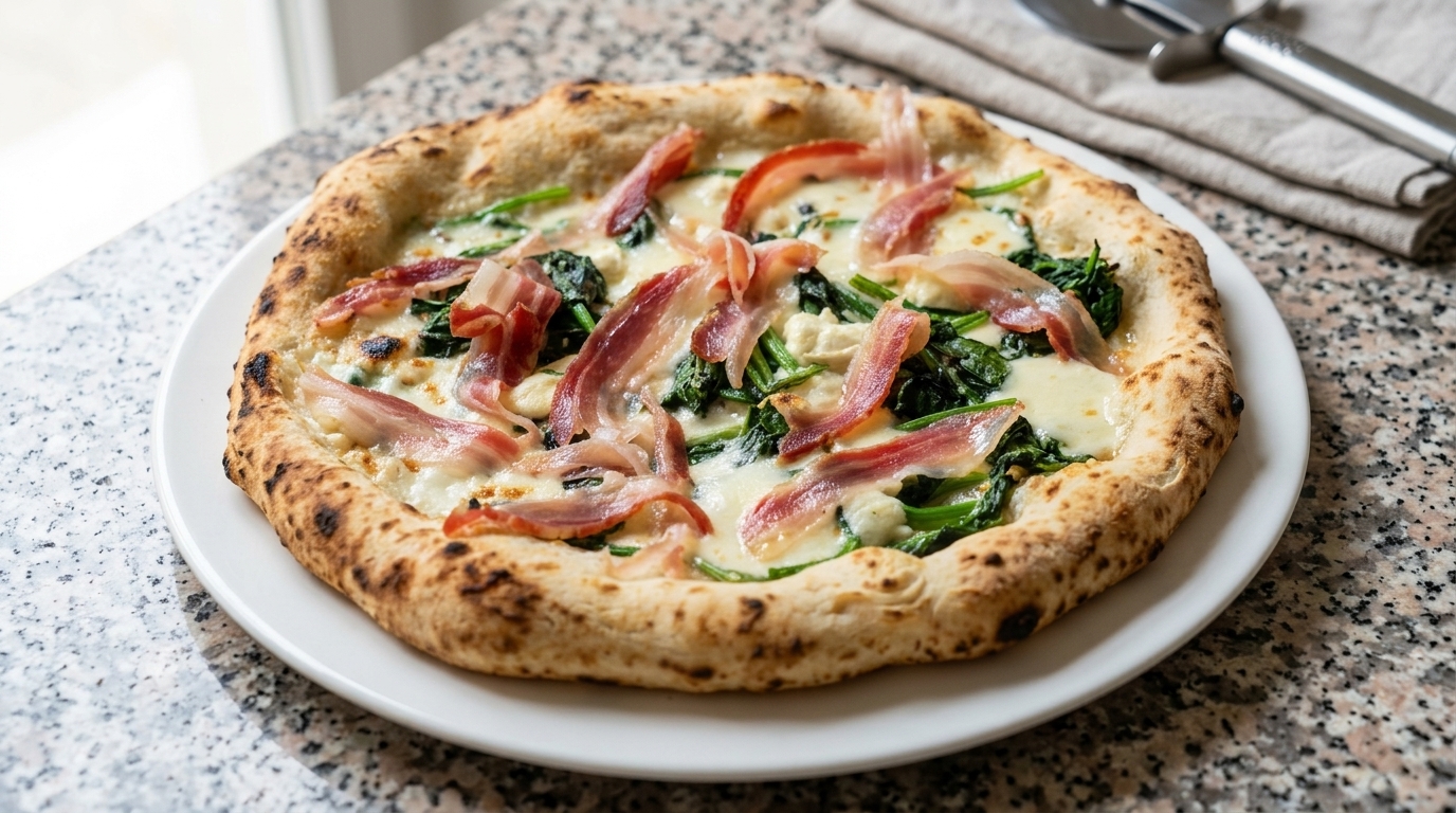Eine frisch gebackene rustikale Pizza, belegt mit aromatischem Spinat, geschmolzenem Käse und feinen Pancetta-Streifen.