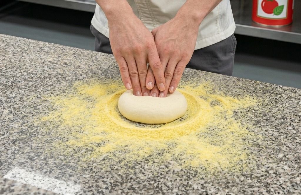 Hände eines Kochs, die einen runden Pizzateig auf einer mit Maismehl bestreuten Arbeitsfläche formen.