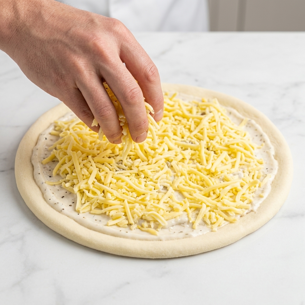 Eine Hand verteilt gleichmäßig geriebenen Mozzarella über die weiße Saucenschicht der Pizza.