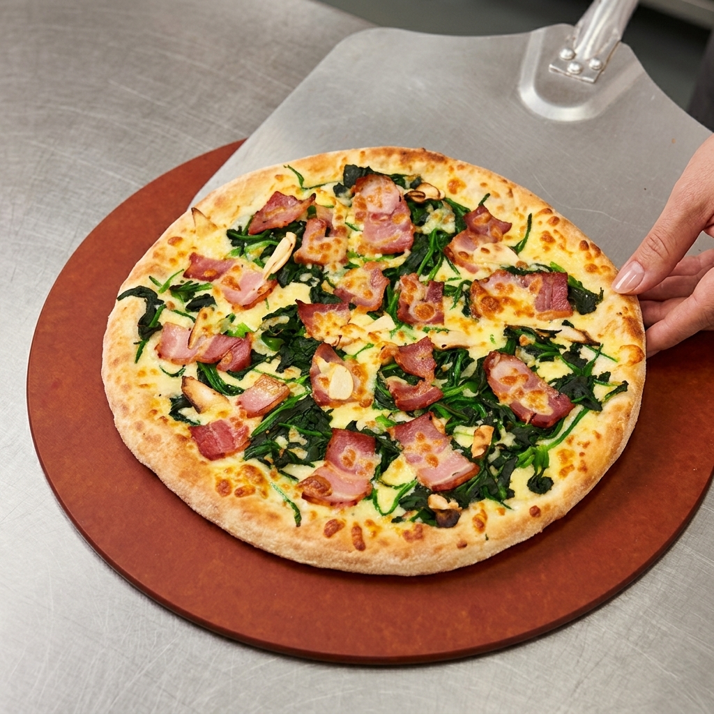 Eine frisch gebackene Pizza mit goldener Kruste und geschmolzenem Käse wird mit einem Pizzaschieber entnommen.