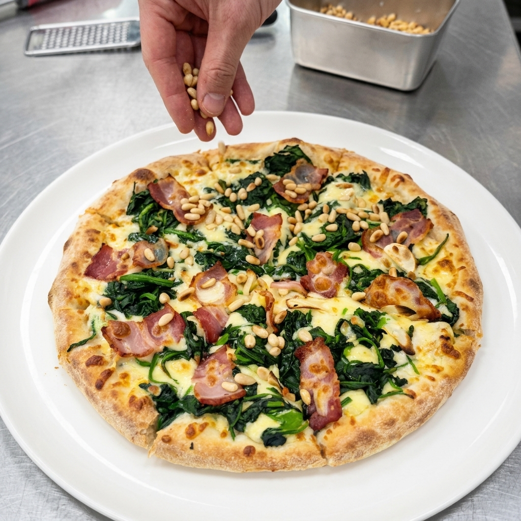 Eine Hand streut geröstete Pinienkerne über die frisch geschnittenen Pizzastücke.