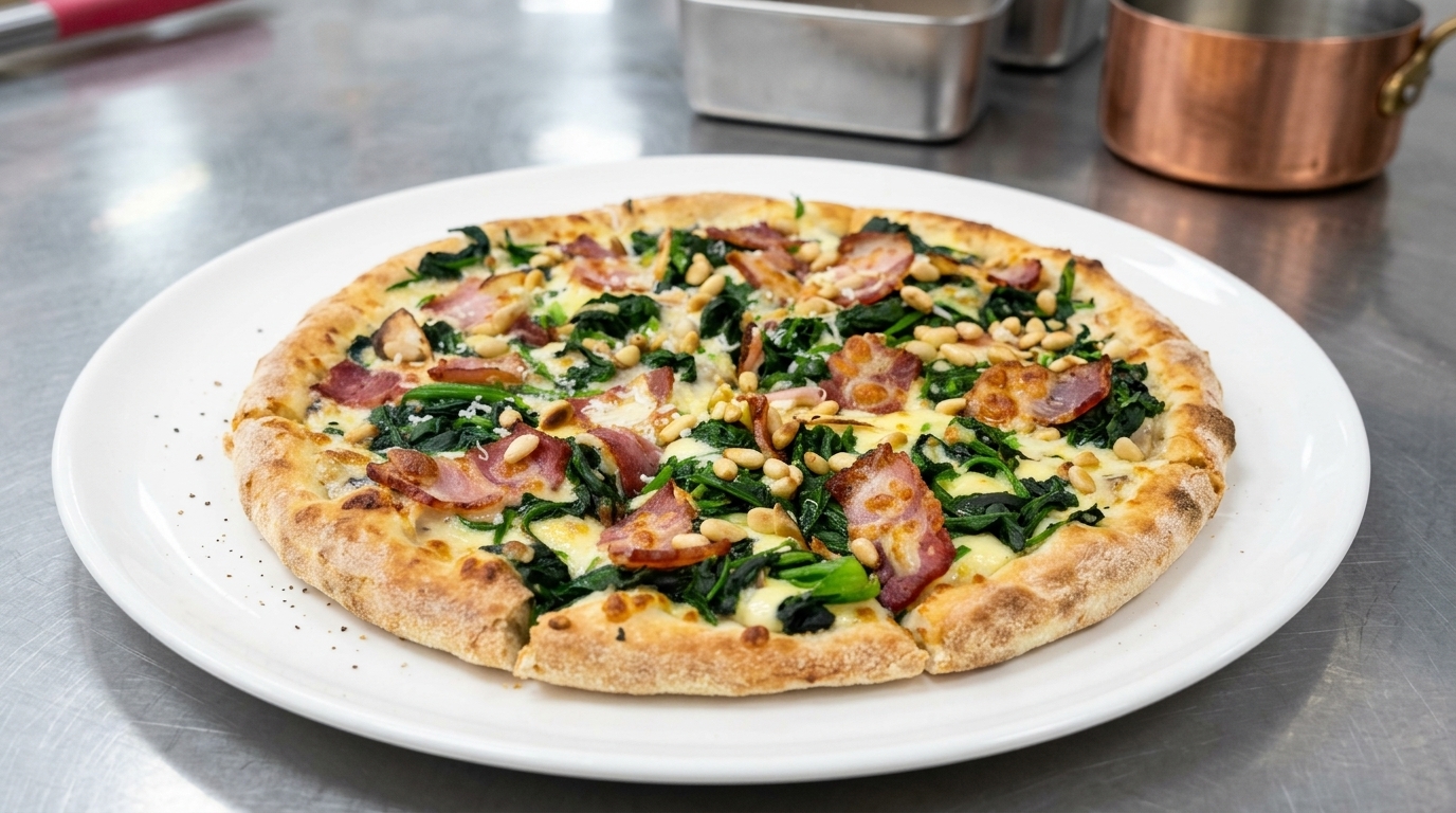 Cremige Spinat-Speck-Pizza
