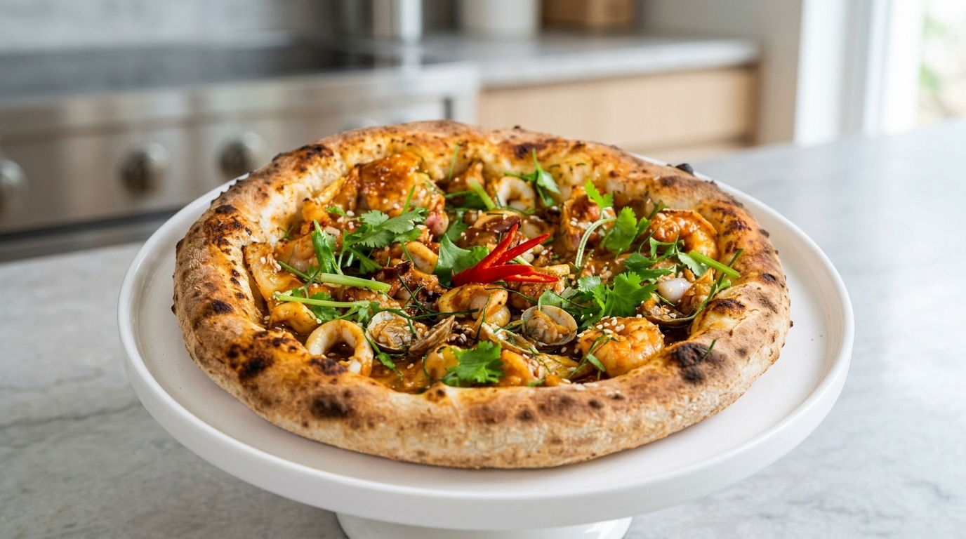 Tom Yum Meeresfrüchte-Pizza im Thai-Style
