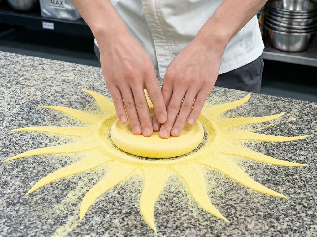 Hände drücken einen runden Pizzateig-Rohling auf einer bemehlten Arbeitsfläche flach.
