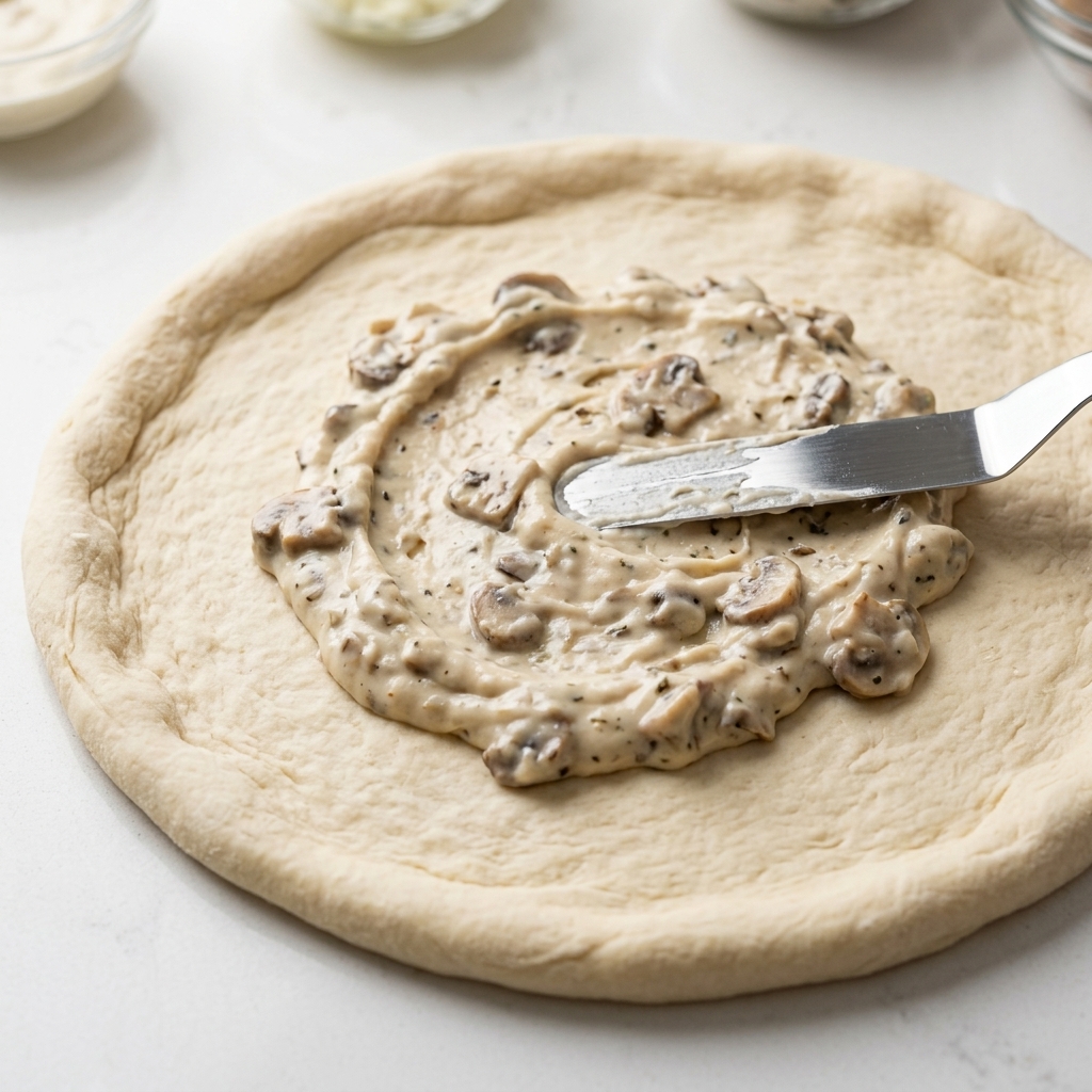 Cremige weiße Sauce mit Pilzstücken wird mit einer kleinen Palette gleichmäßig auf dem rohen Pizzateig verteilt.