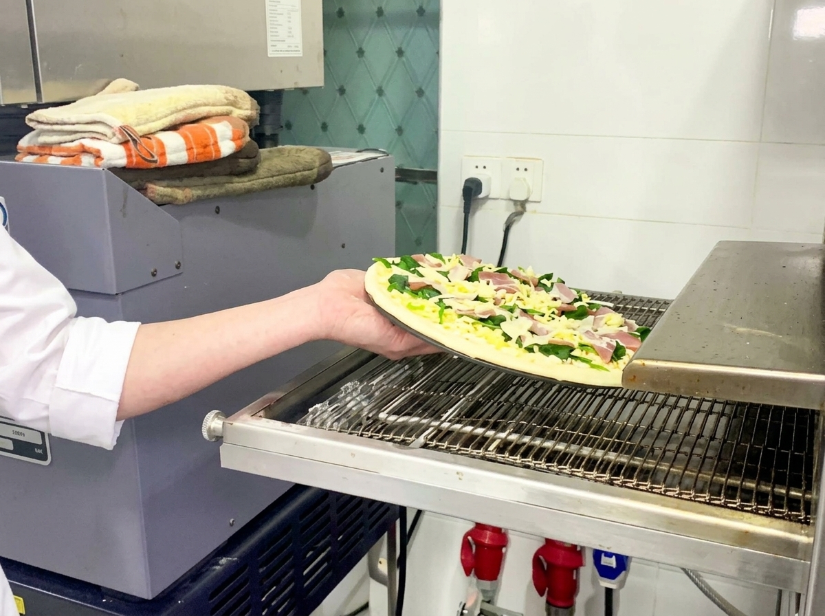 Ein Arm schiebt eine belegte Pizza auf das Metallförderband eines professionellen Pizzaofens.