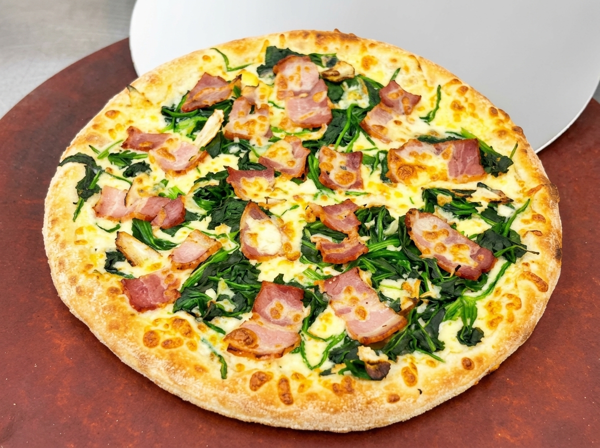 Eine frisch gebackene Pizza mit Spinat, Speck und geschmolzenem Käse liegt auf einem Pizzaschieber.