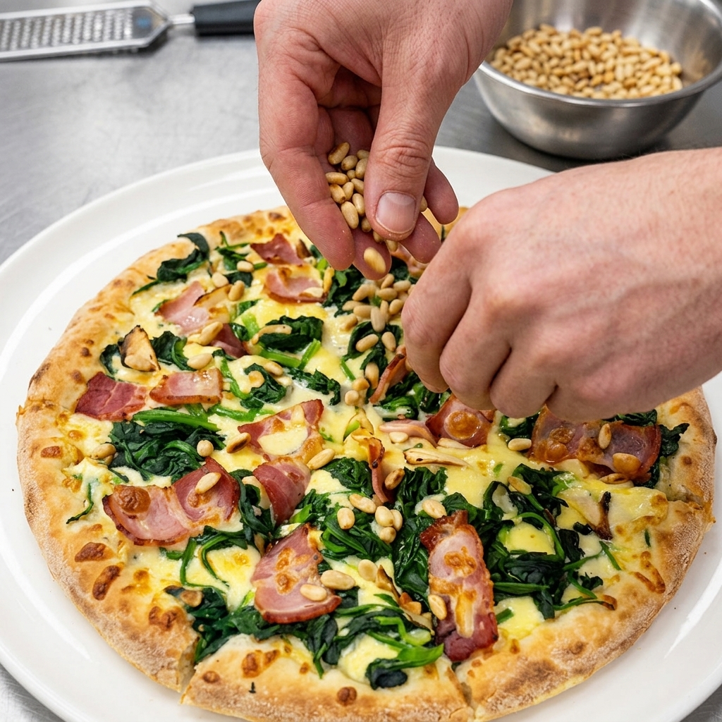 Hände streuen geröstete Pinienkerne über eine aufgeschnittene Pizza auf einem weißen Teller.