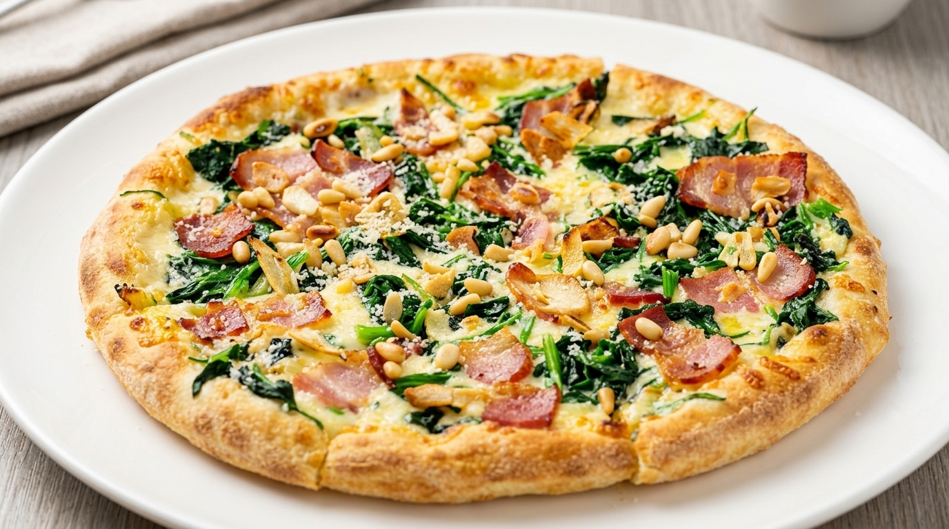Eine frisch gebackene Pizza mit Spinat und Speck, garniert mit Knoblauch und gerösteten Pinienkernen.