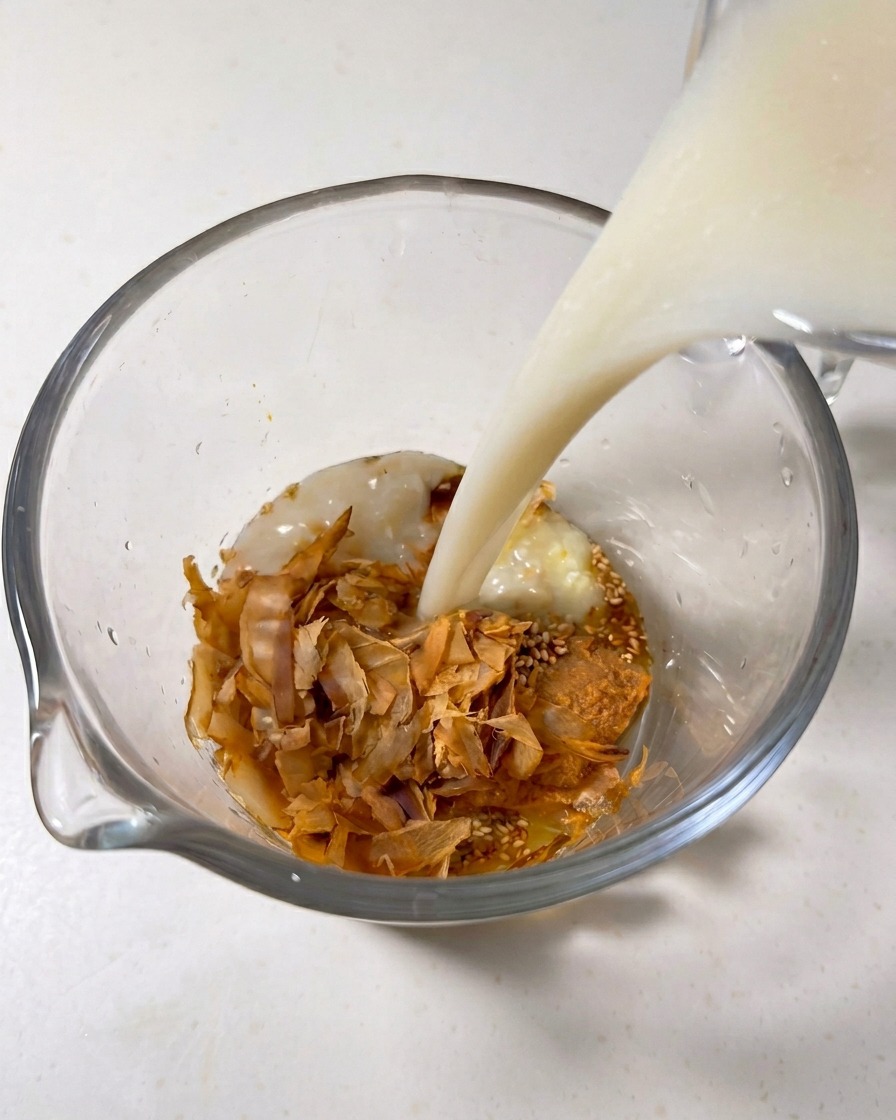 Cremig-weiße Tonkotsu-Brühe wird in einen Messbecher mit Bonitoflocken, Misopaste und Sesam gegossen.