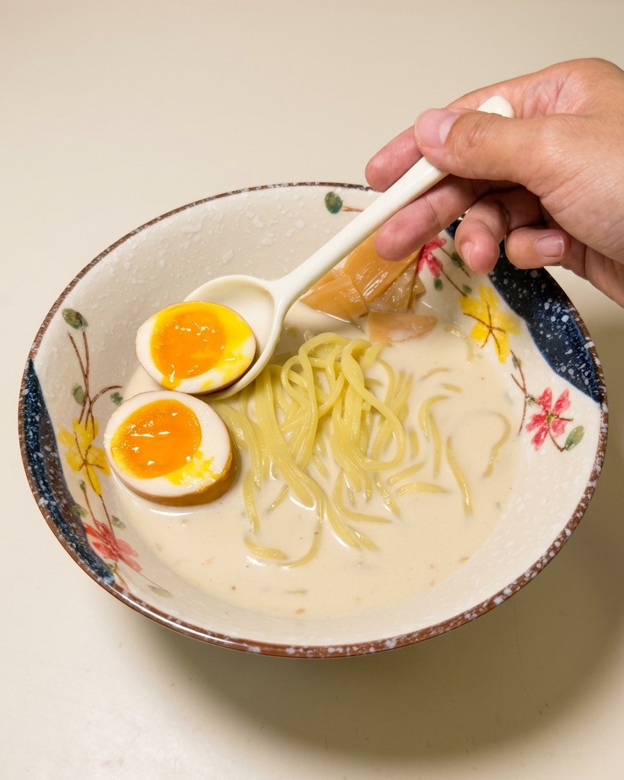 Eine Hand platziert zwei Eihälften mit glänzendem, flüssigem Eigelb in die Ramen-Schüssel.