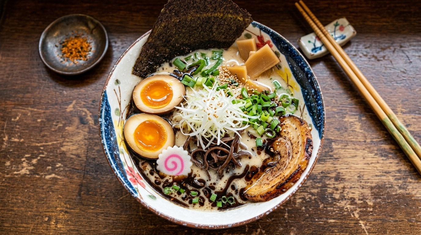 Tonkotsu Ramen mit schwarzem Knoblauchöl (Mayu Ramen)