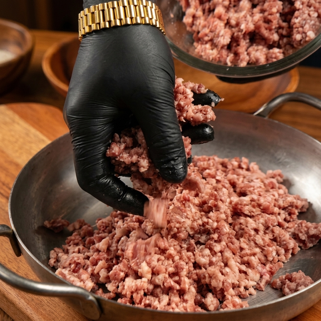 Rohes Rinderhackfleisch wird von einer Person mit schwarzen Handschuhen in eine Metallschale gelegt.