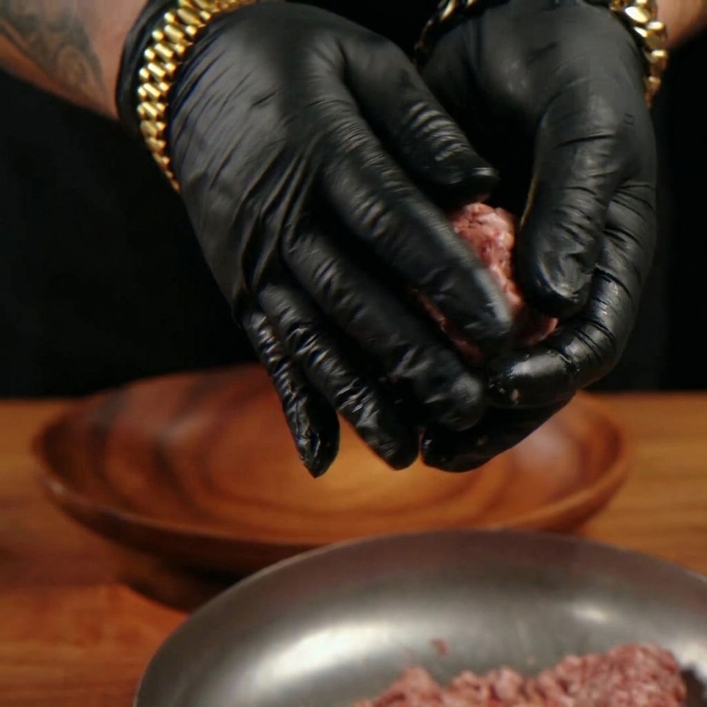 Hände in Handschuhen formen vorsichtig rohes Hackfleisch zu einem lockeren, runden Patty auf einem Holzteller.