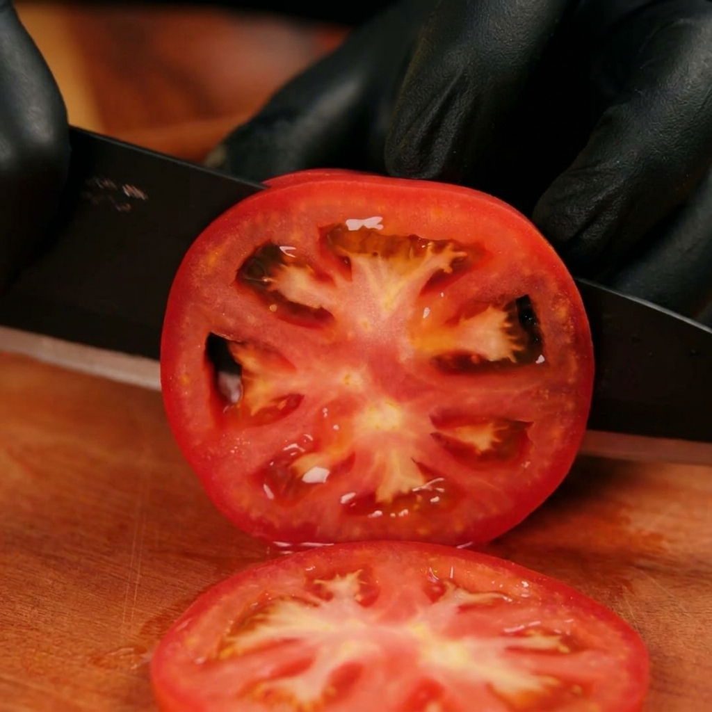 Ein schwarzes Messer schneidet eine reife rote Tomate in gleichmäßige Scheiben auf einem Holzbrett.