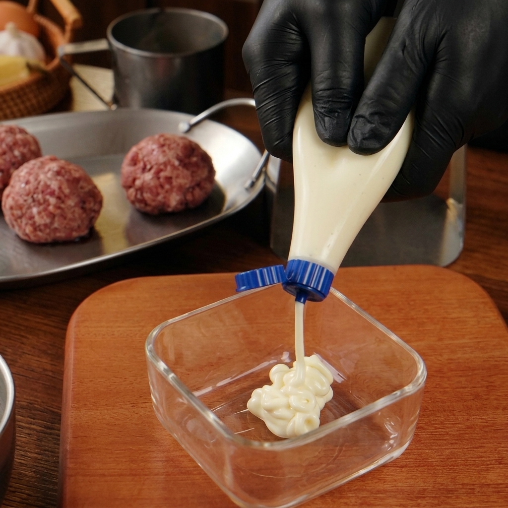 Eine Person mit schwarzen Handschuhen drückt cremige Mayonnaise aus einer Flasche in eine kleine Glasschale.