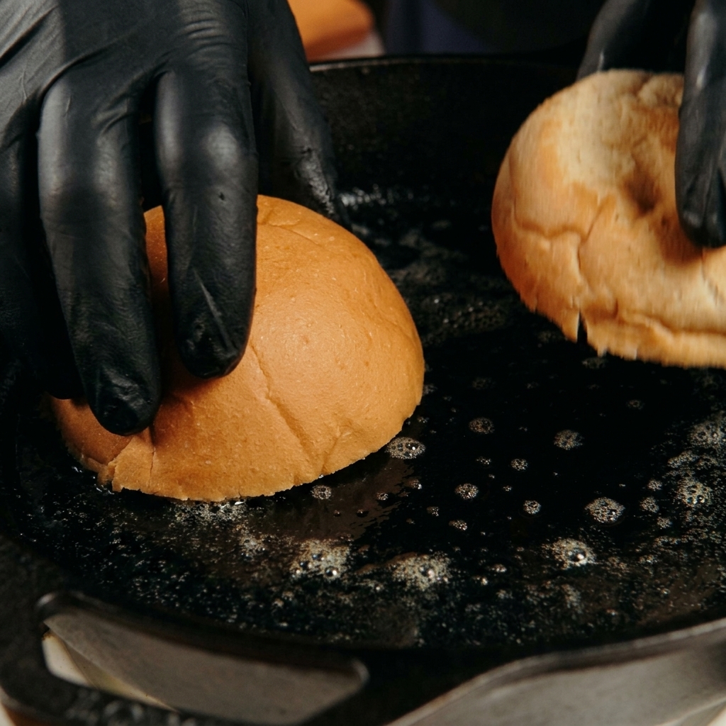 Hände legen zwei Hälften eines Burgerbrötchens mit der Schnittfläche nach unten in eine heiße Gusseisenpfanne mit schäumender Butter.