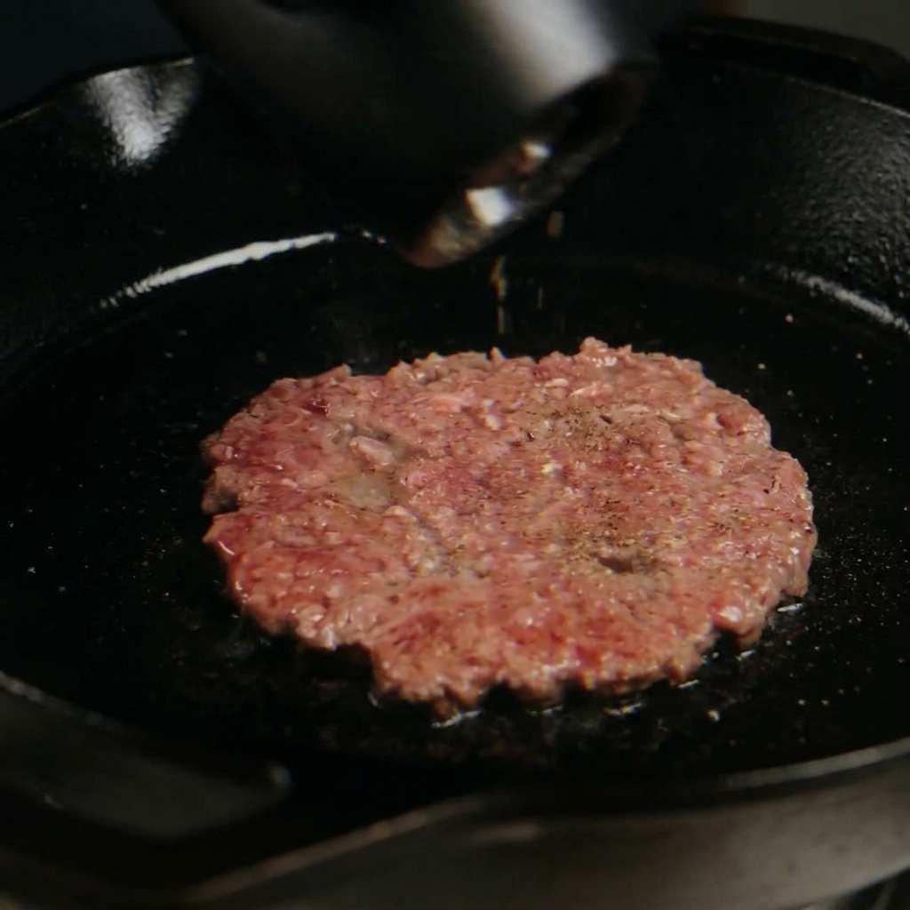 Frischer schwarzer Pfeffer wird über ein brutzelndes Smashed Patty in der Gusseisenpfanne gemahlen.