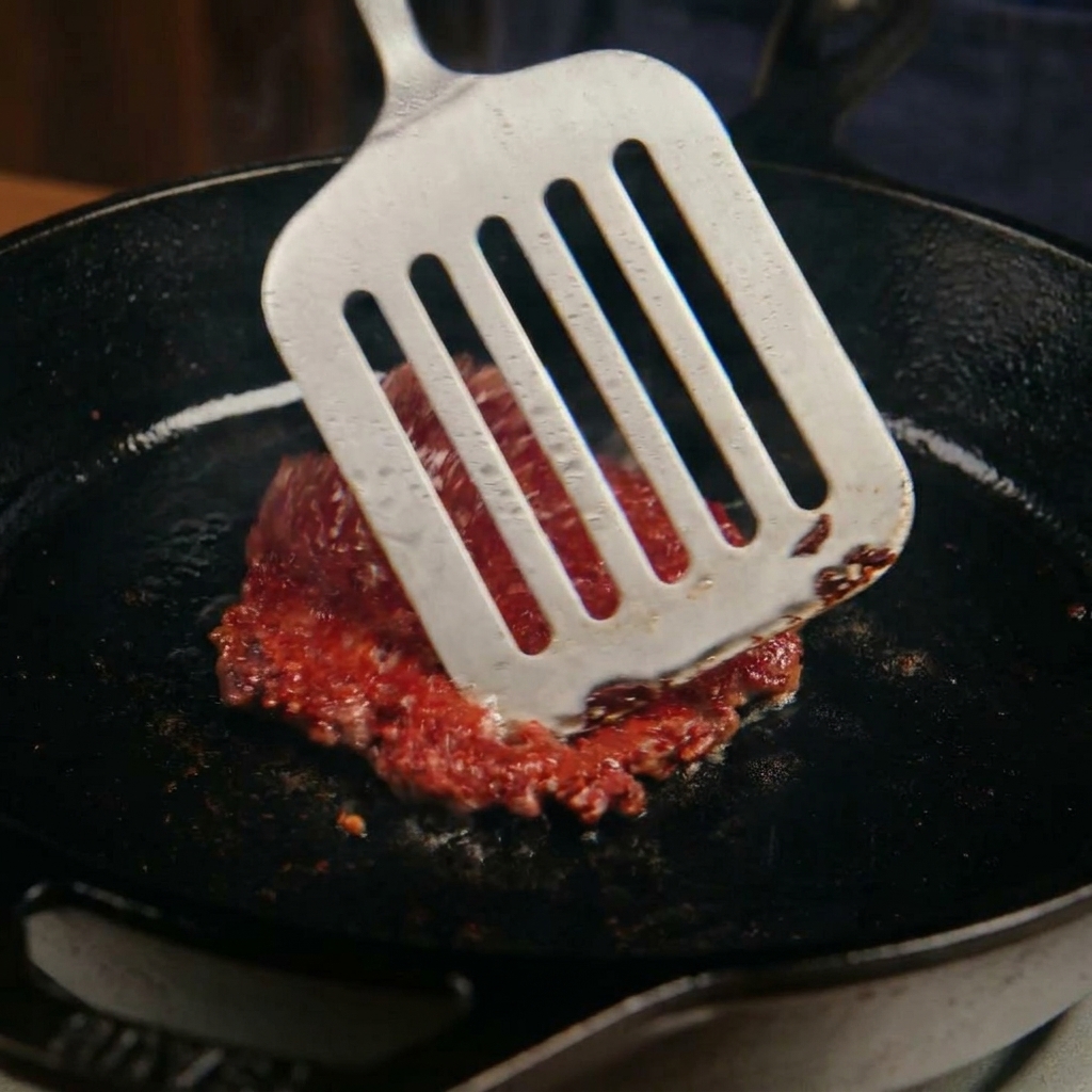 Ein Metallwender wendet ein Smashed Patty und zeigt eine tiefbraune, knusprig karamellisierte Kruste.