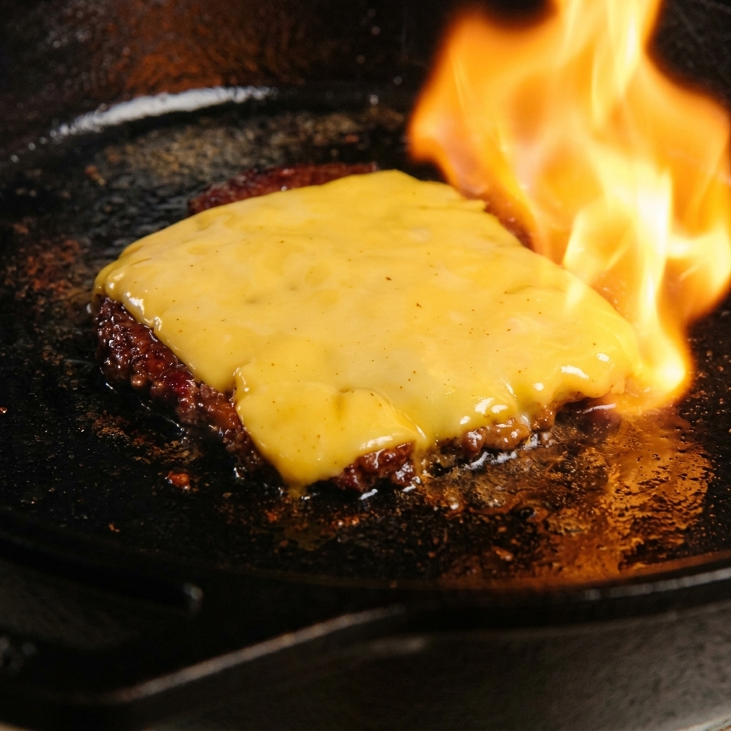 Eine Scheibe Cheddar schmilzt unter der Flamme eines Küchenbrenners auf einem Smashed Patty in der Pfanne.