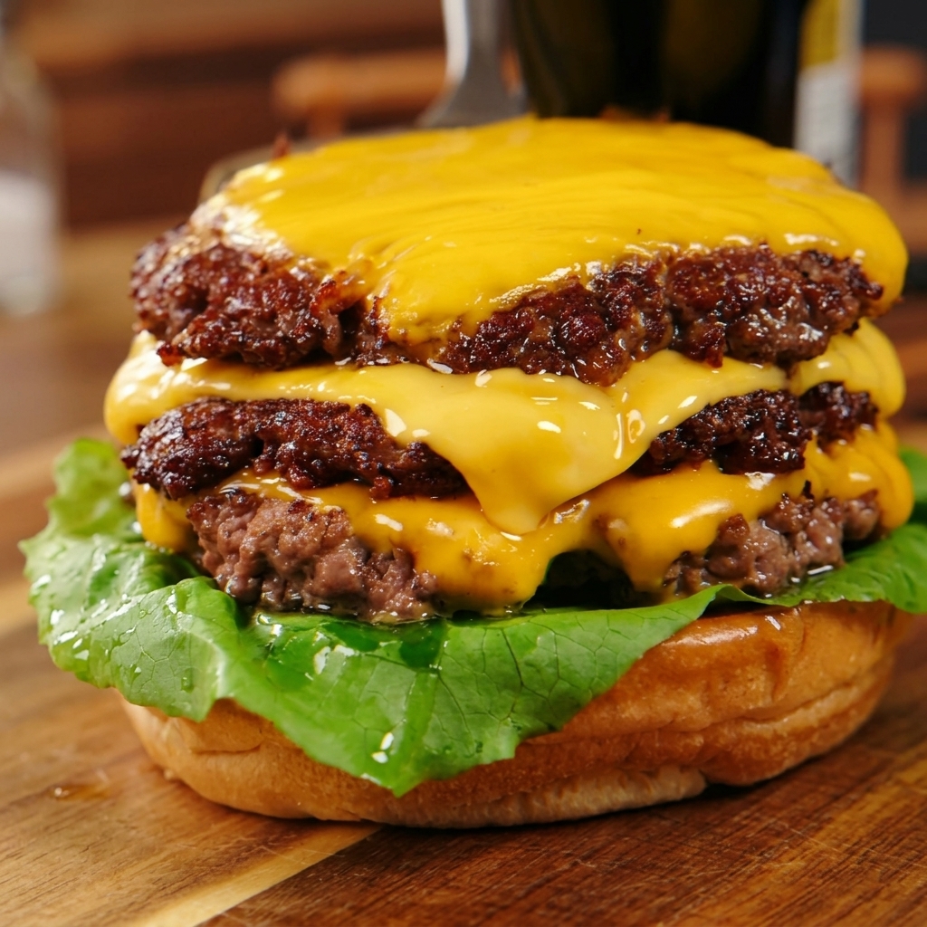 Drei Smashed Patties mit geschmolzenem Käse liegen gestapelt auf einer mit Salat belegten Brötchenunterseite.