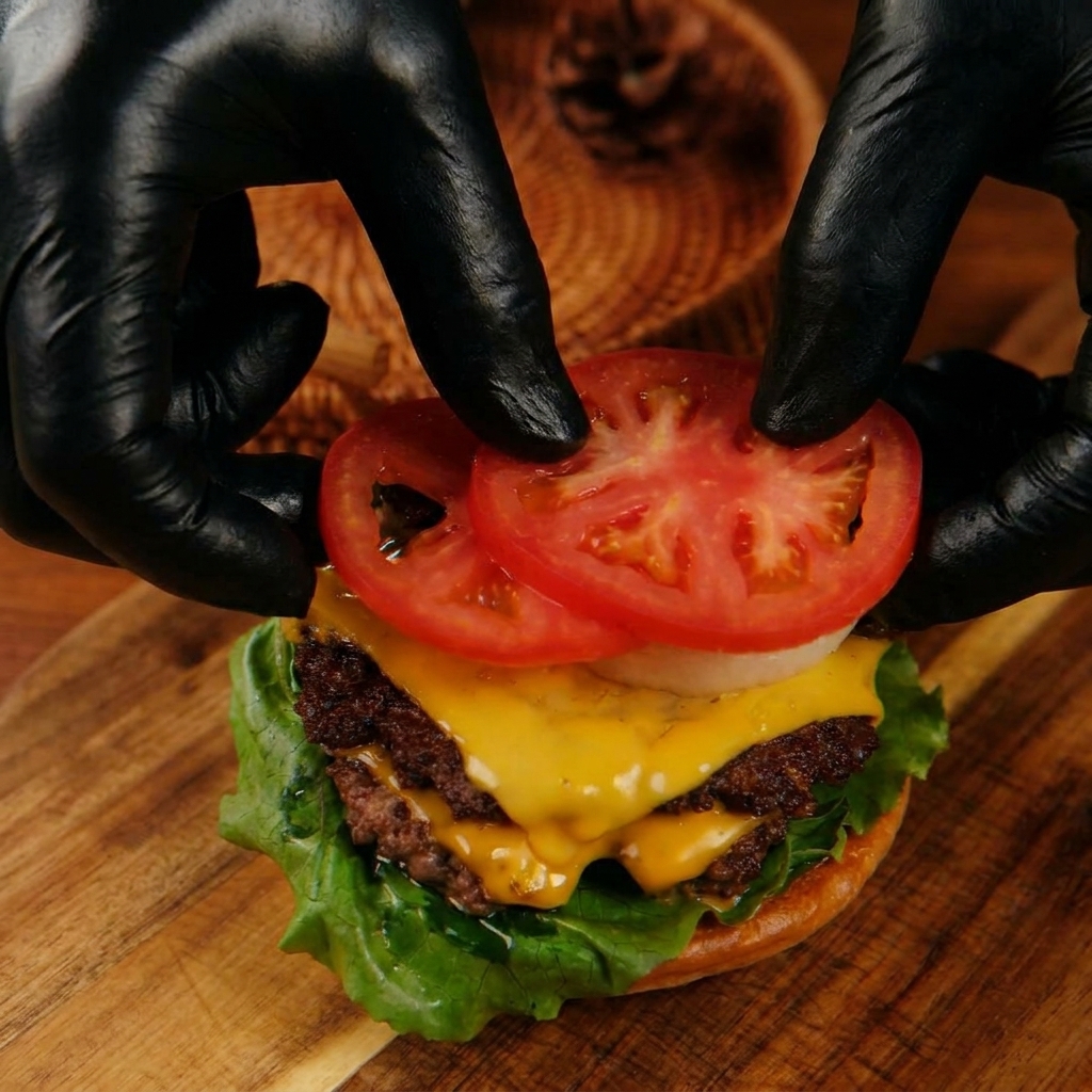 Hände in Handschuhen platzieren frische Tomatenscheiben auf Zwiebelringen über den gestapelten Patties.