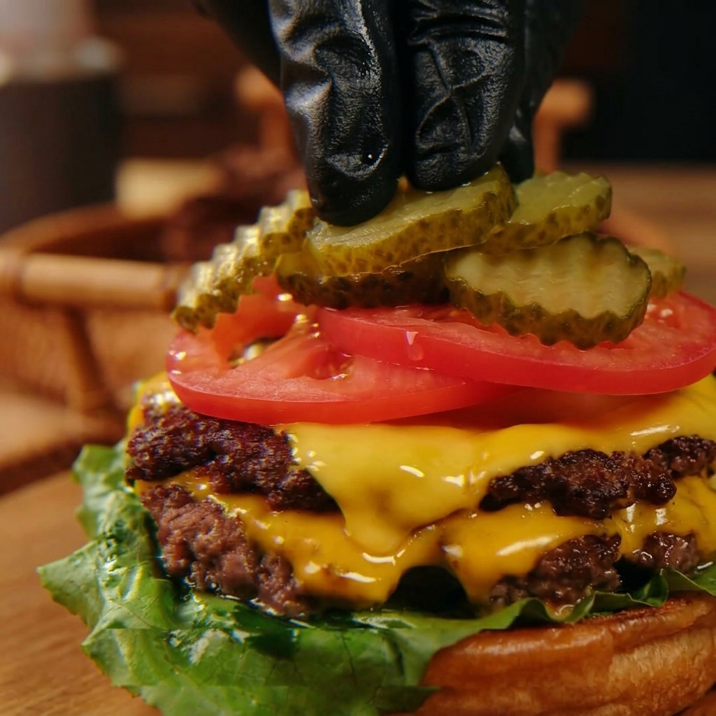 Hände platzieren Gewürzgurken auf Tomatenscheiben eines Triple Cheeseburgers.