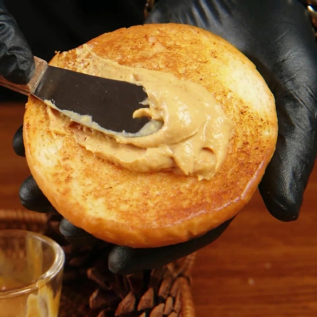 Eine Person streicht mit einem kleinen Spatel cremige Burgersauce auf die geröstete Innenseite der oberen Brötchenhälfte.