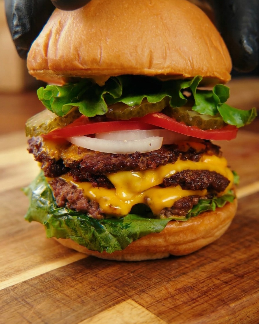 Hände setzen den Deckel auf einen massiven, fertig geschichteten Triple Cheeseburger mit Salat, Tomaten und geschmolzenem Käse.