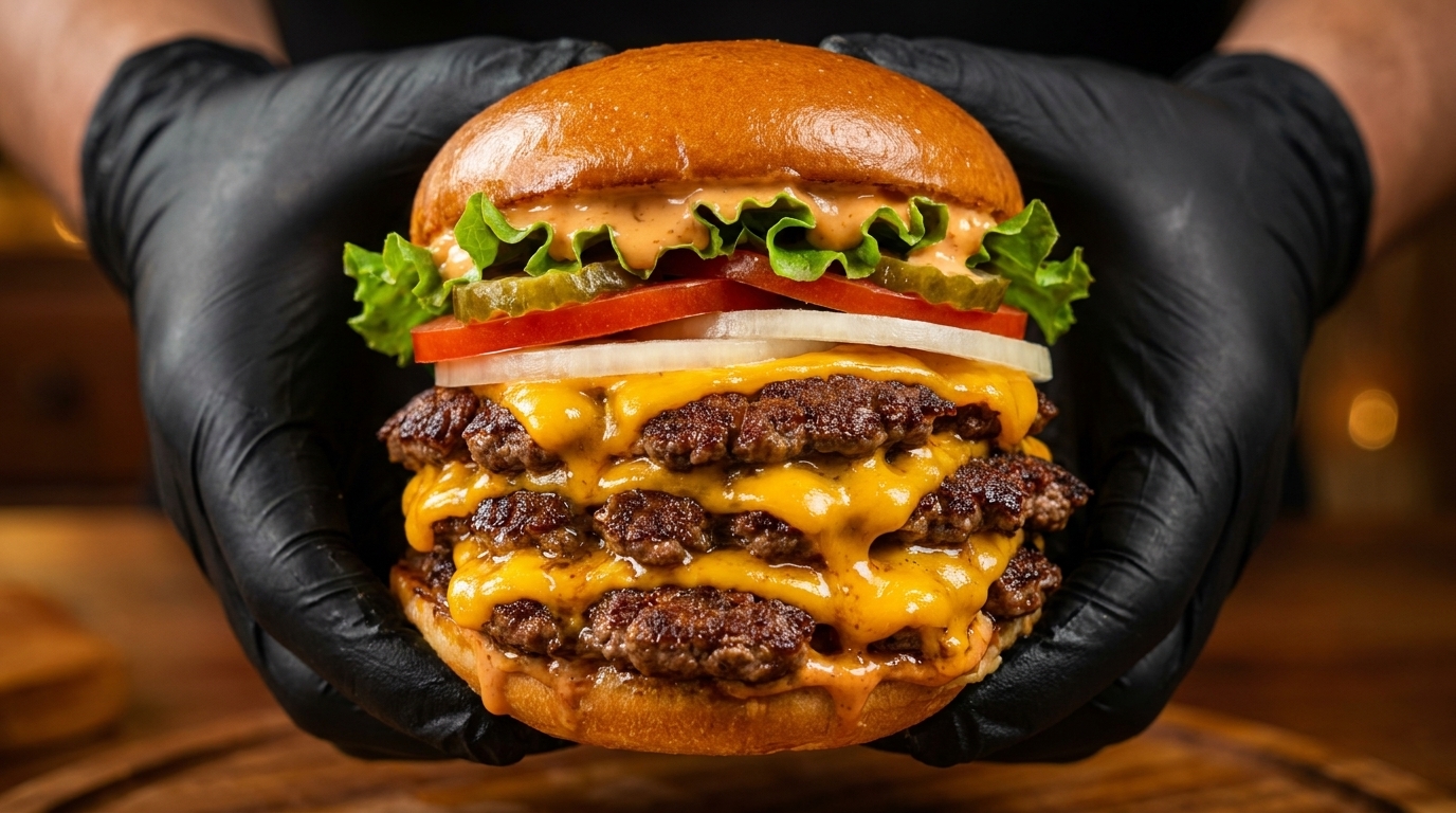 Ein hoch aufgetürmter Triple Cheeseburger mit drei saftigen Smashed Patties, geschmolzenem Cheddar und frischen Beilagen.