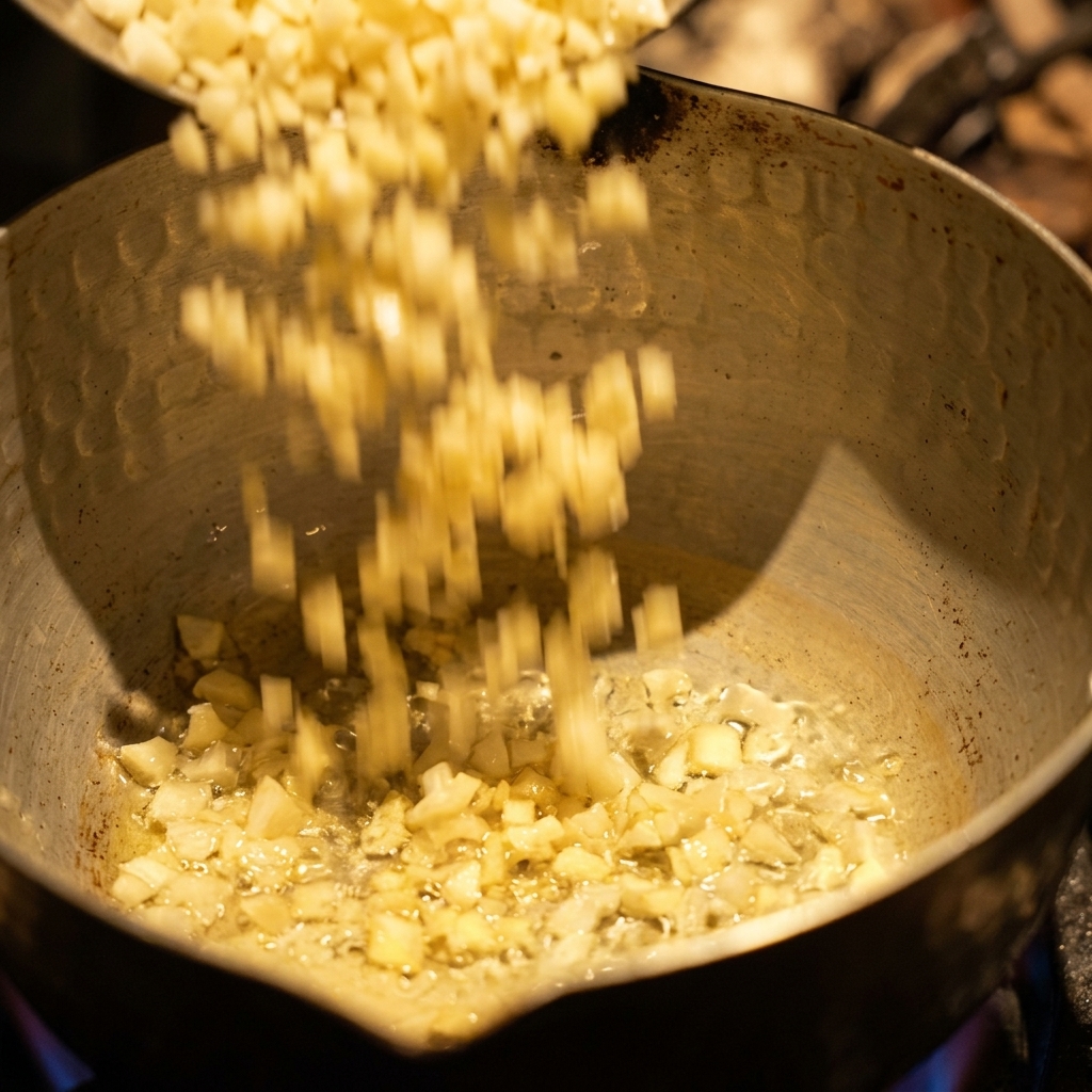 Gehackter frischer Knoblauch wird gleichmäßig in einen Metalltopf mit klarem Speiseöl geschüttet.