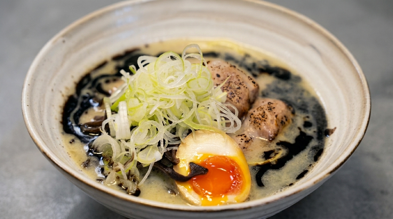 Eine Schüssel reichhaltiger Ramen, veredelt mit einem markanten Spritzer aromatischen schwarzen Knoblauchöls.