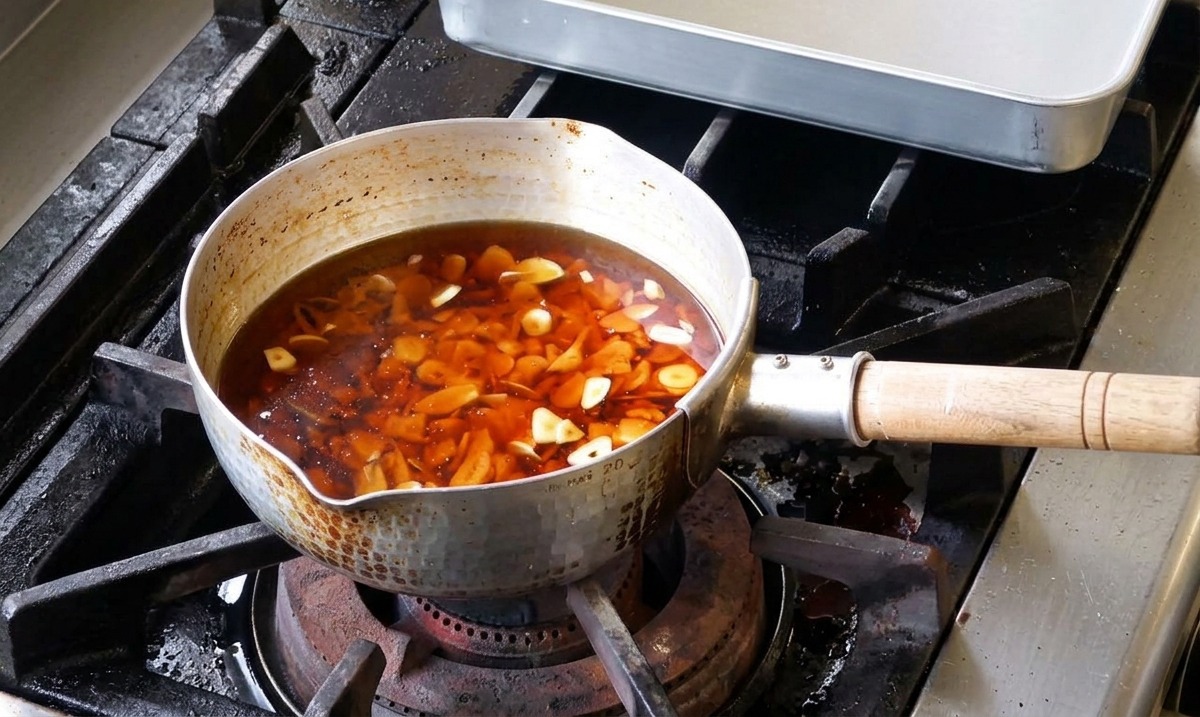 Roher geschnittener Knoblauch in einer Mischung aus kaltem Öl in einem kleinen Metalltopf auf dem Herd.