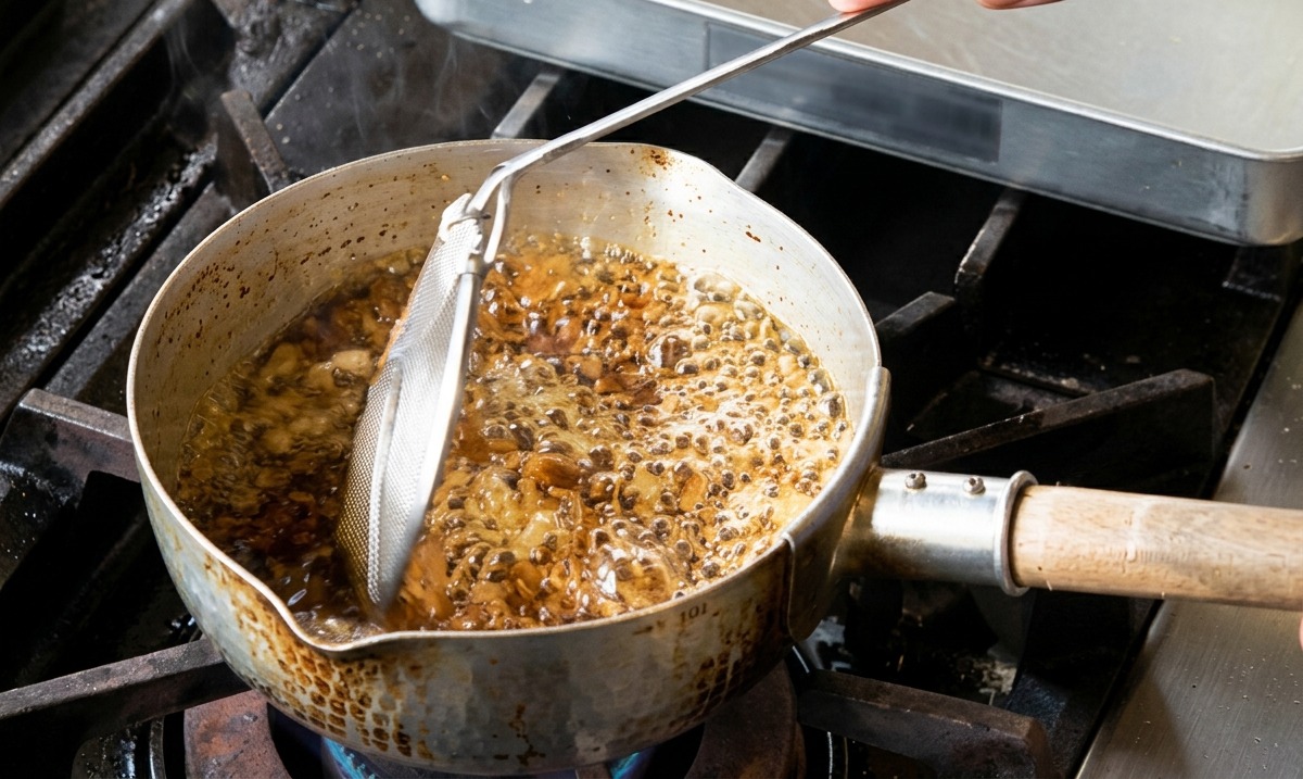 Sprudelndes heißes Öl in einem Topf, während Knoblauchscheiben frittiert und vorsichtig mit einem Schaumlöffel umgerührt werden.
