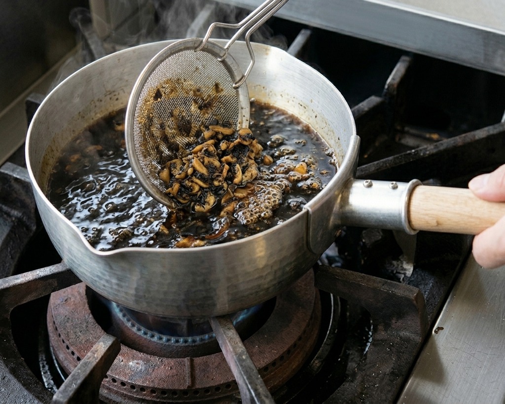 Ein Schaumlöffel hebt eine Portion hellbraun geröstete Knoblauchscheiben aus dem heißen Öl.