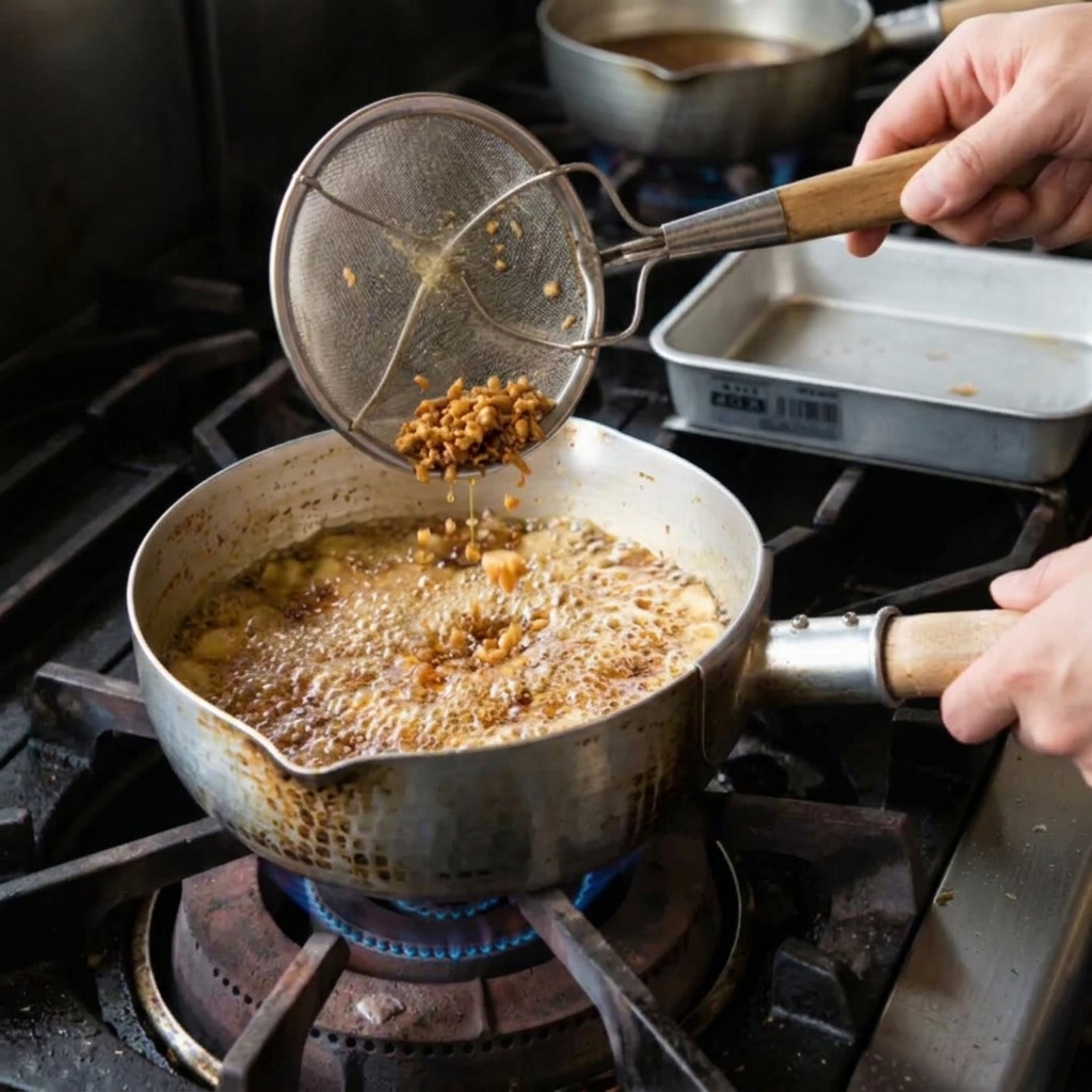 Ein Metallschaumlöffel hebt dunkelbraun frittierte Knoblauchstücke aus einem kräftig sprudelnden Topf.