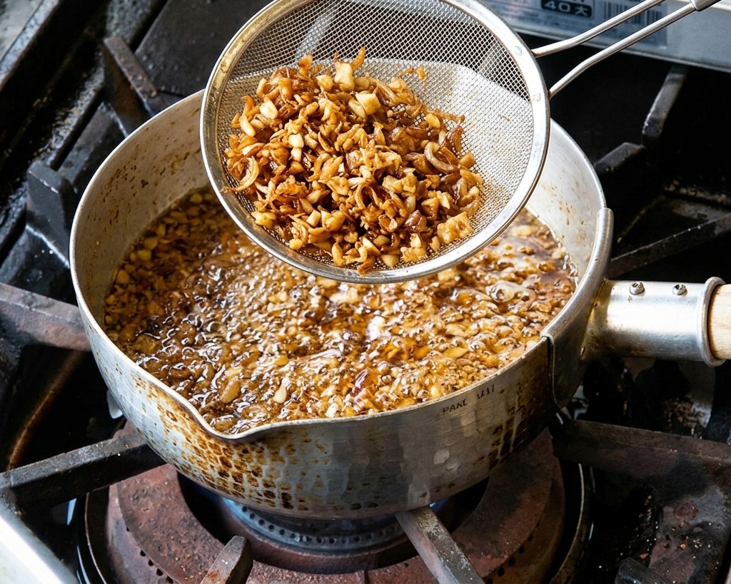 Ein Schaumlöffel hält eine Portion tief gerösteter, fast schwarzer Knoblauchscheiben über einen Topf mit sprudelndem Öl.