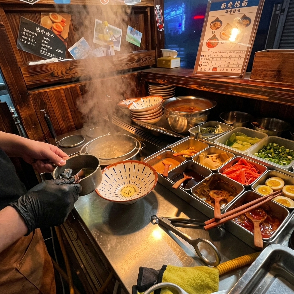 Eine Hand gießt klares, aromatisches Frühlingszwiebelöl aus einem kleinen Topf in eine gemusterte Ramen-Schale.
