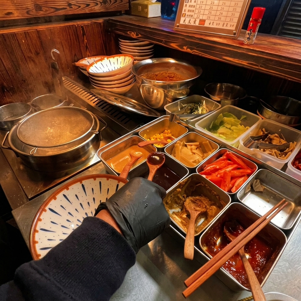 Eine Hand gibt eine dunkle Sojasaucen-Mischung mit einem Holzlöffel zu dem Öl in die Ramen-Schüssel.