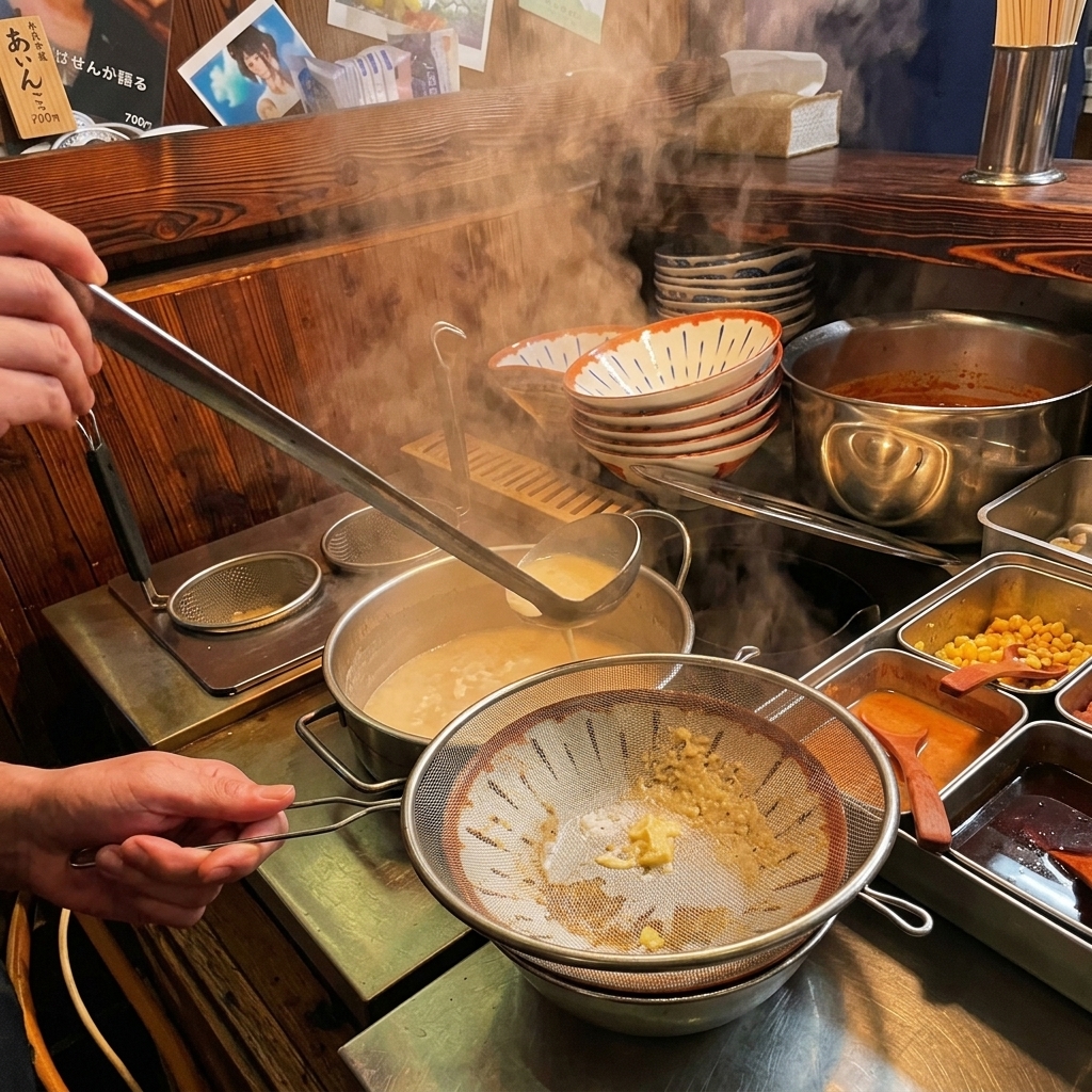 Cremige, heiße Ramen-Brühe wird durch ein feines Sieb direkt in die vorbereitete Servierschale gegossen.