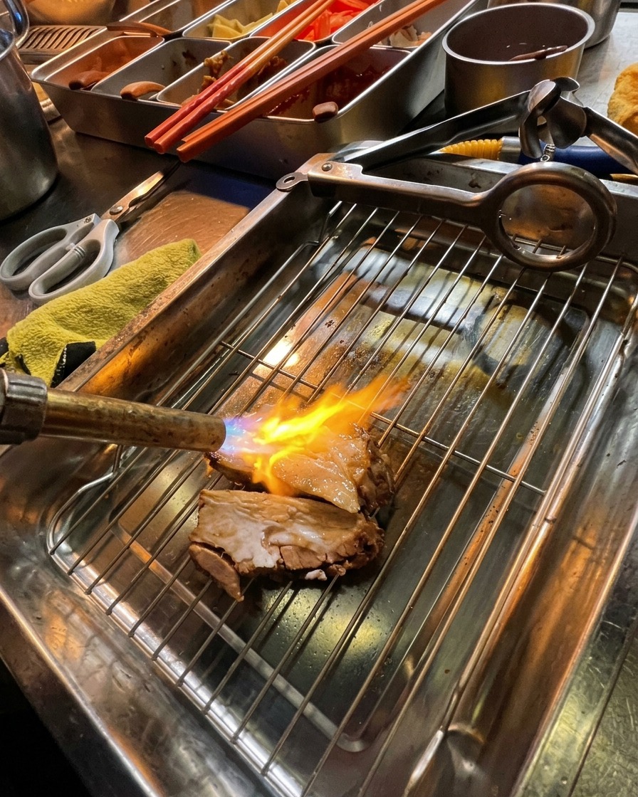 Ein Handbrenner röstet dicke Schweinefleischscheiben auf einem Metallgitter goldbraun an.