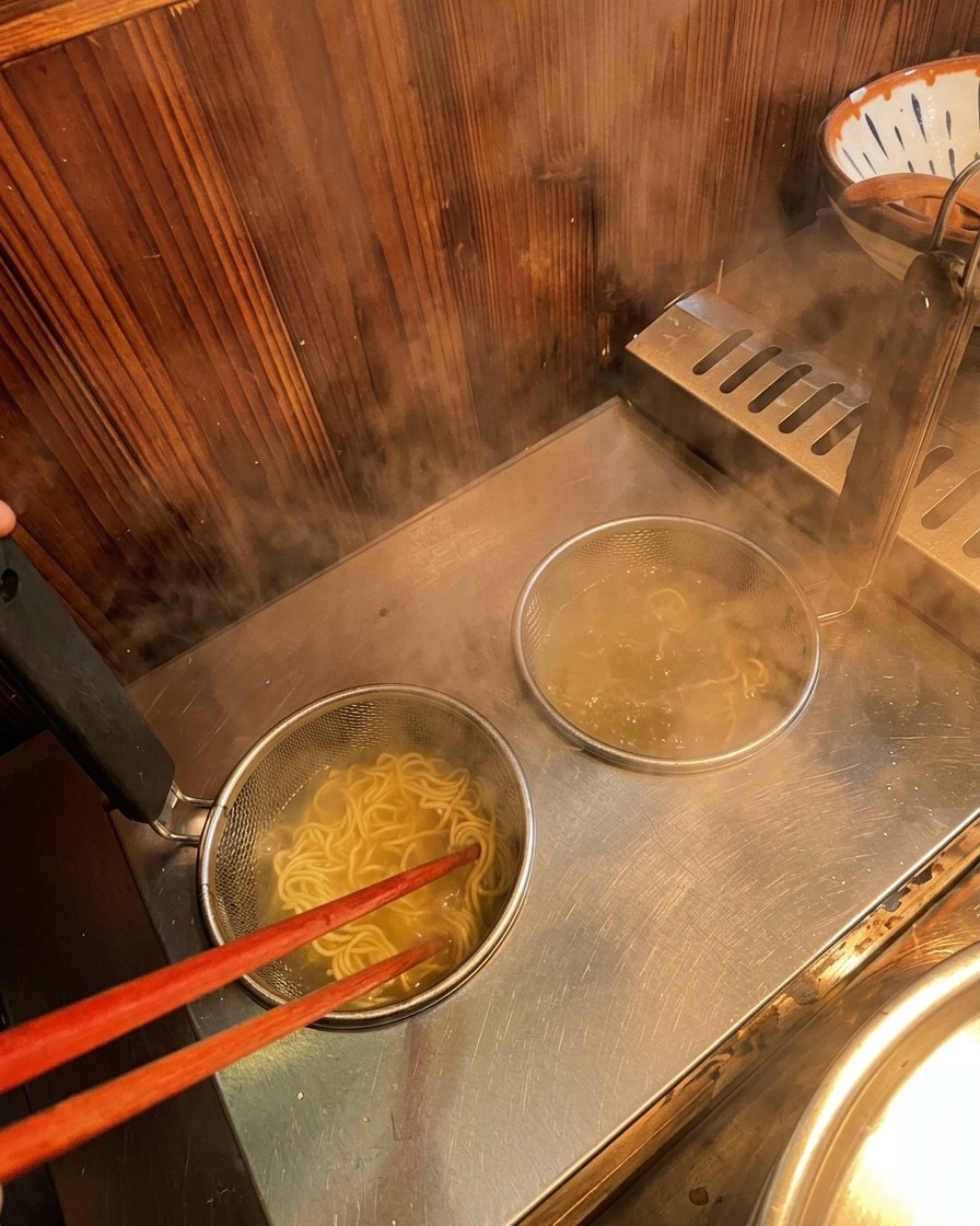 Rote Essstäbchen rühren die Ramen-Nudeln im kochenden Wasser vorsichtig um.