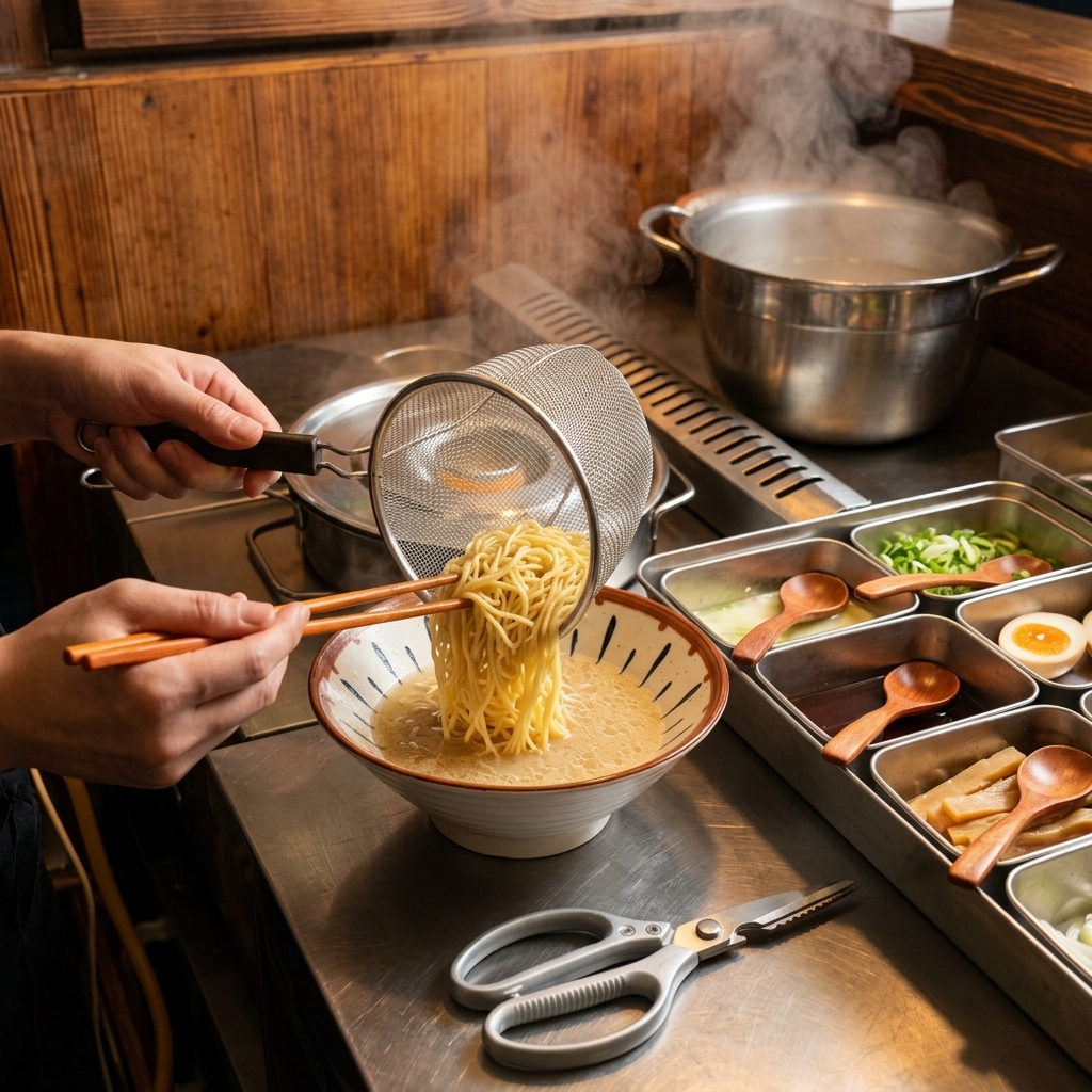 Hände führen die heißen Ramen-Nudeln mit Stäbchen aus dem Sieb direkt in die Schale mit der Suppe.